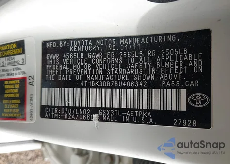 2011 Toyota Avalon Limited from USA, damaged, VIN 4T1BK3DB7BU408342